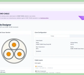 Cable designer interface showing detailed cable configuration