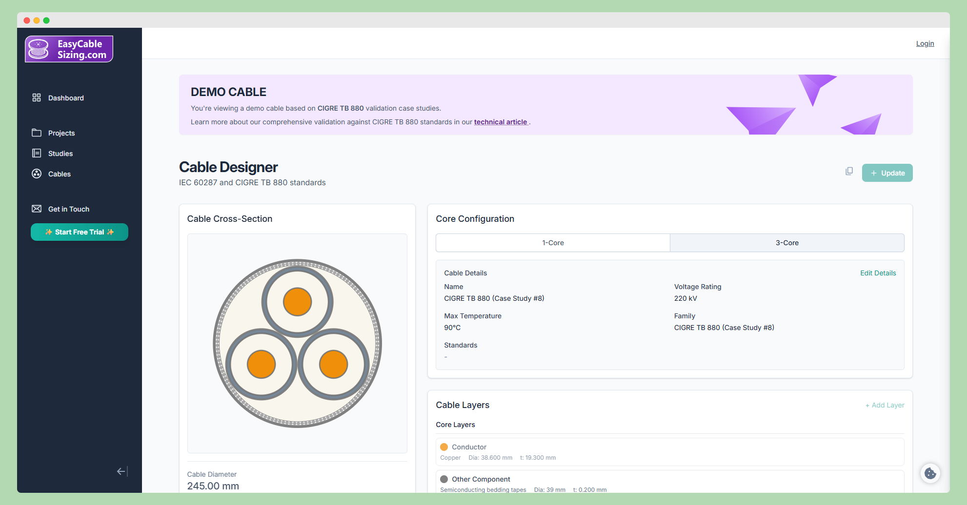 CIGRE TB880 Case Study 8 cable designer interface showing 220kV submarine cable configuration