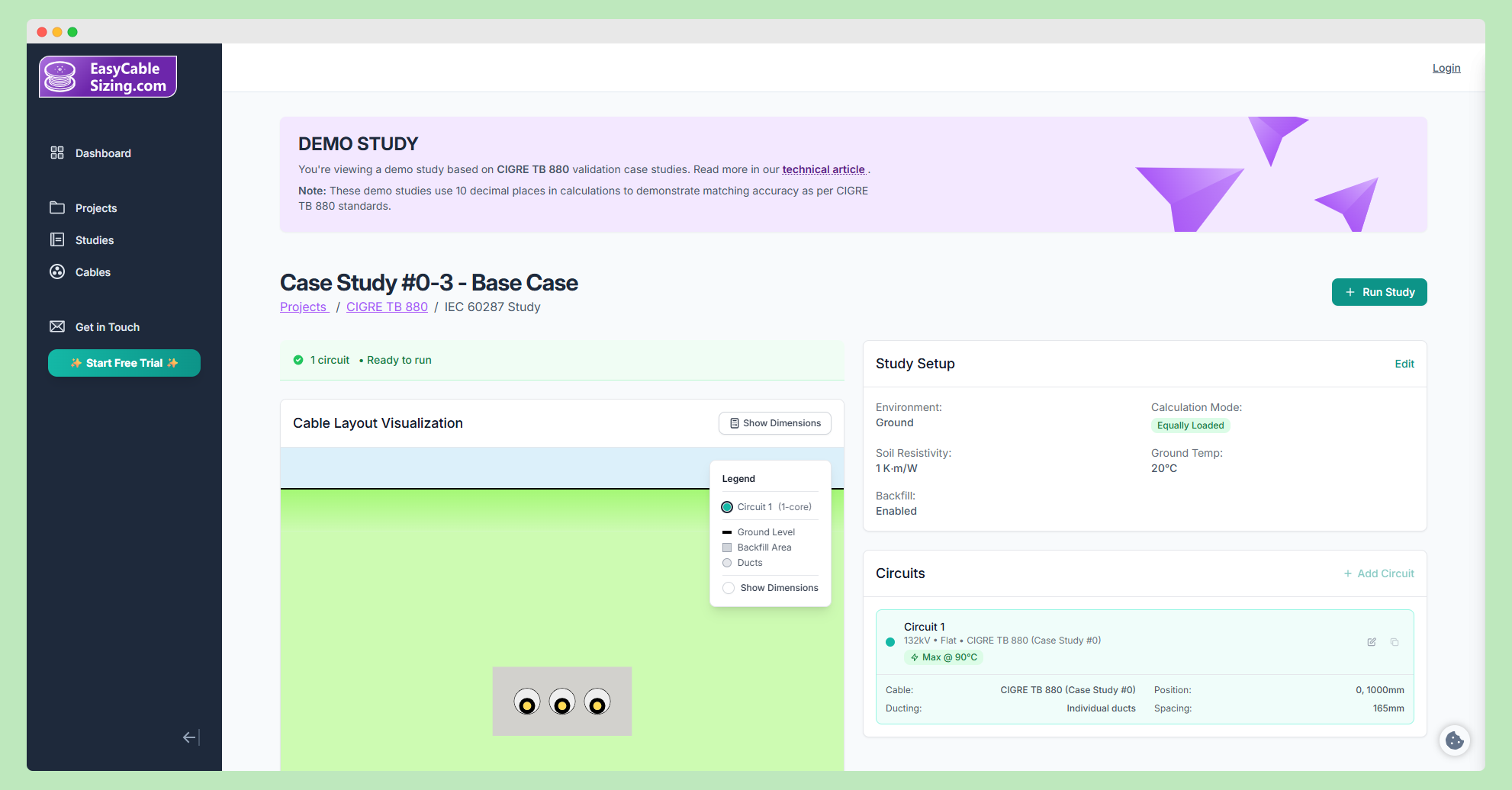 CIGRE TB880 Case Study 0-3 cable rating calculation interface showing PVC duct configuration